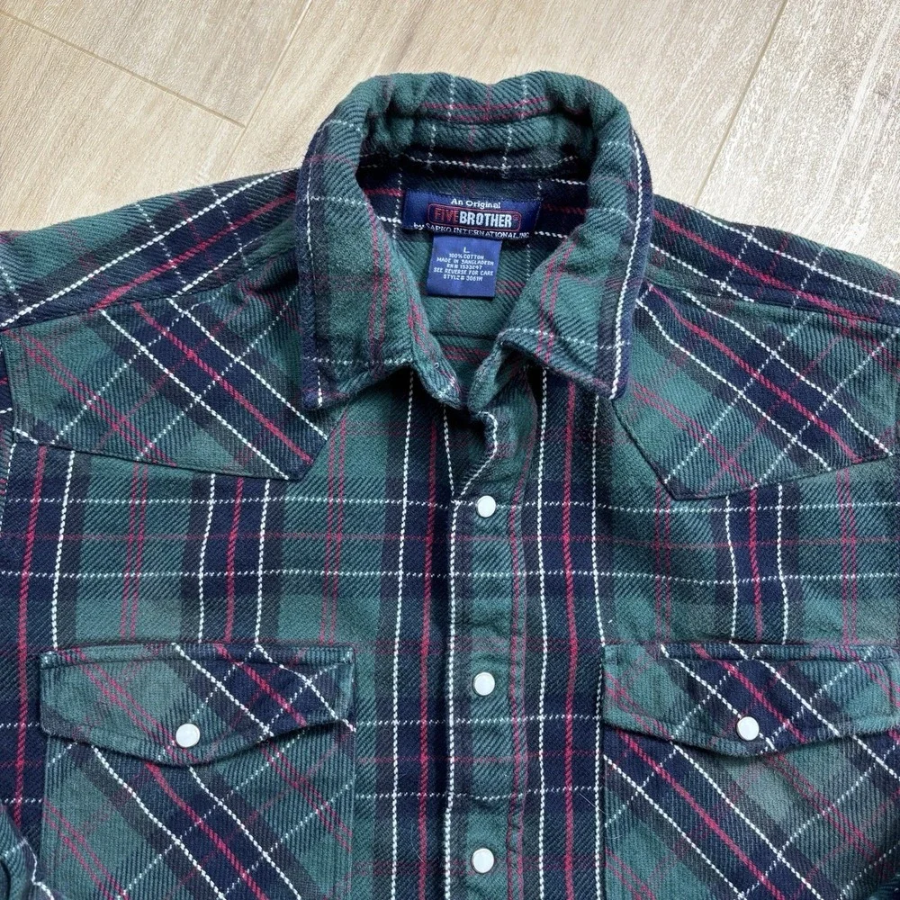 Five Brother Heavy Utility Green Plaid Flannel Snap Button-Up‎ Shirt Men's Large